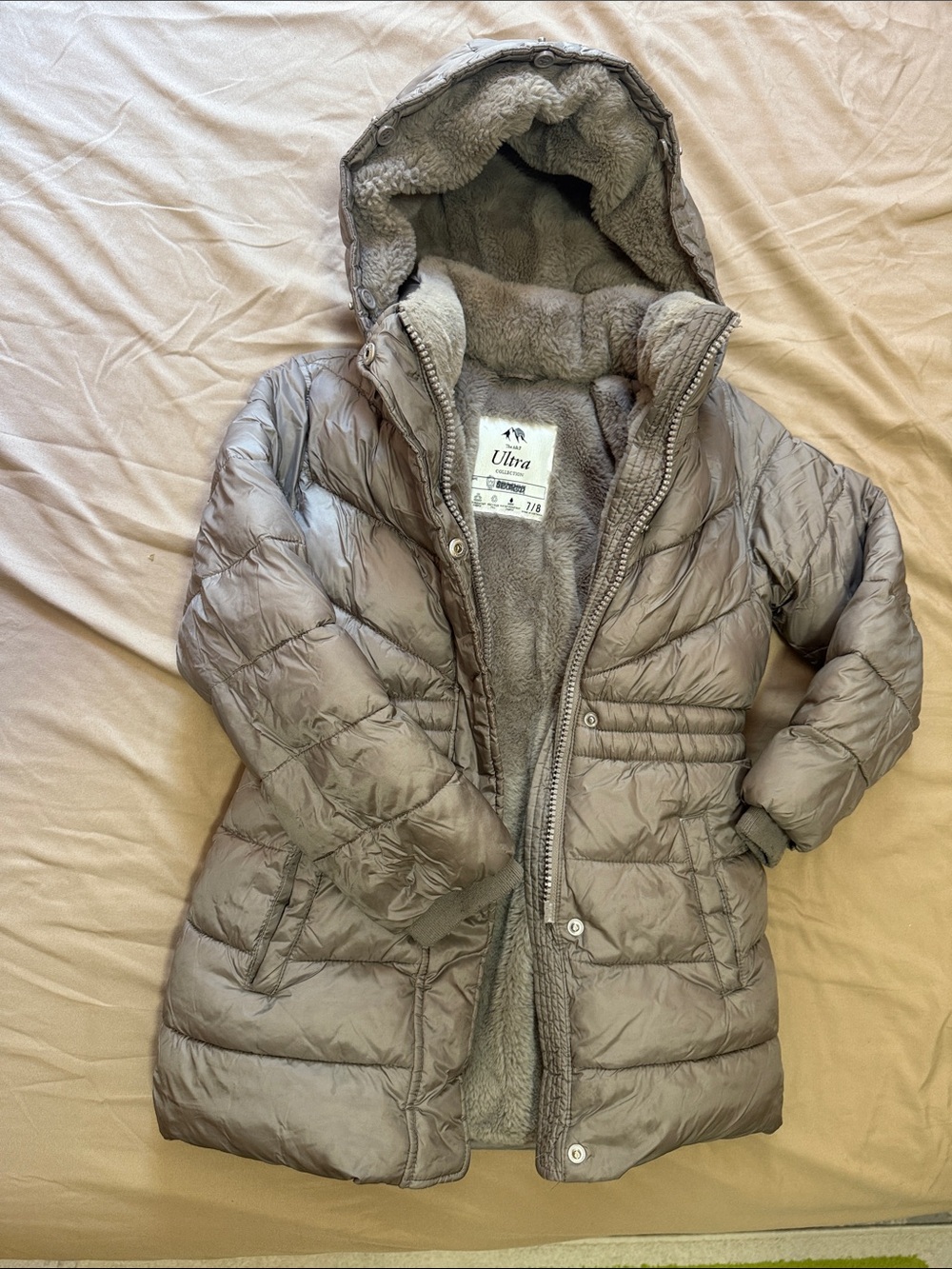 Abercrombie kids Taupe Quilted Puffer Coat with Faux Fur Hood